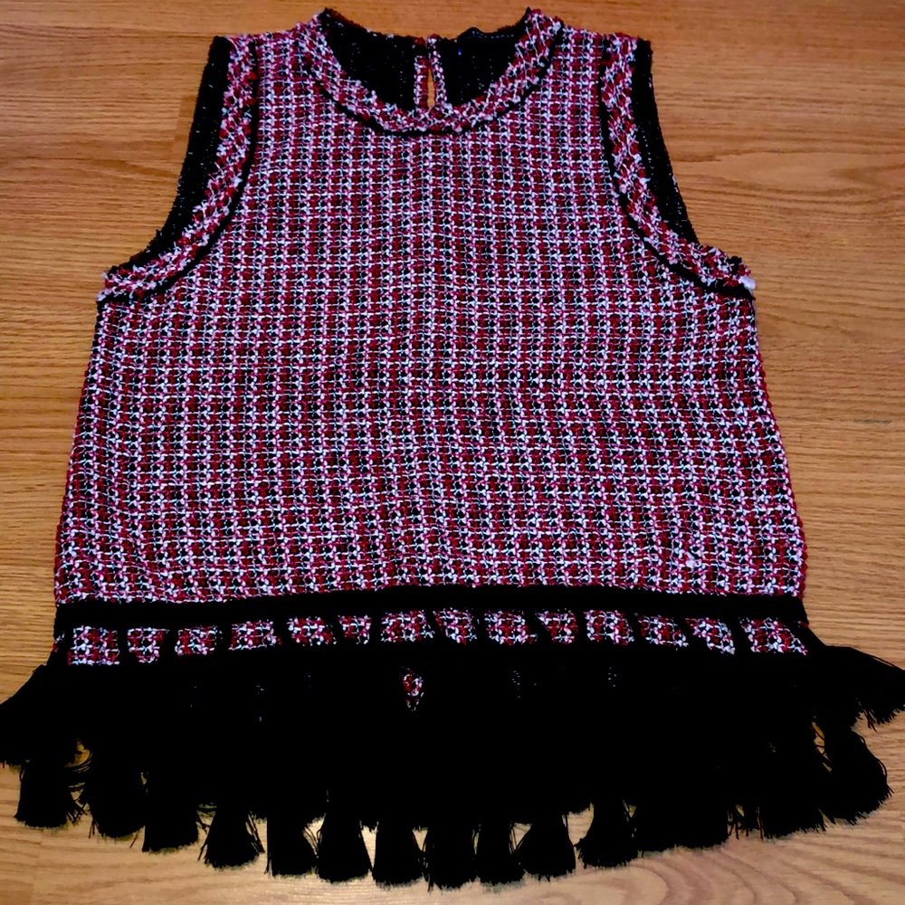 Zara Woman Sleeveless Blouse Vest Plaid Tweed Black Tassel Hem Sz S